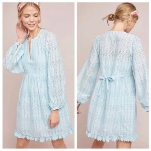 Anthropologie Eyelet Babydoll Long Sleeve Dress Blue 12